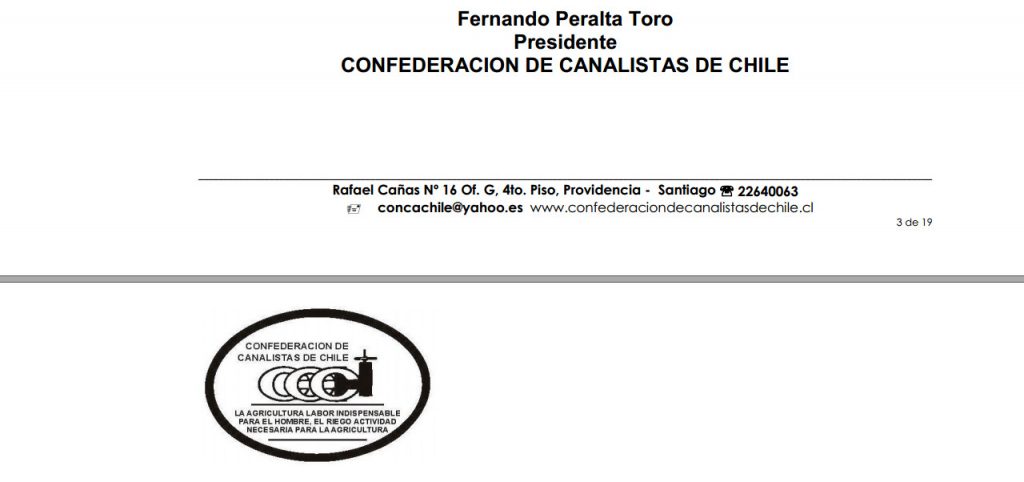 Carta Enviada por la Confederación de Canalistas de Chile a la Comisión de Agricultura de la Cámara de Diputados